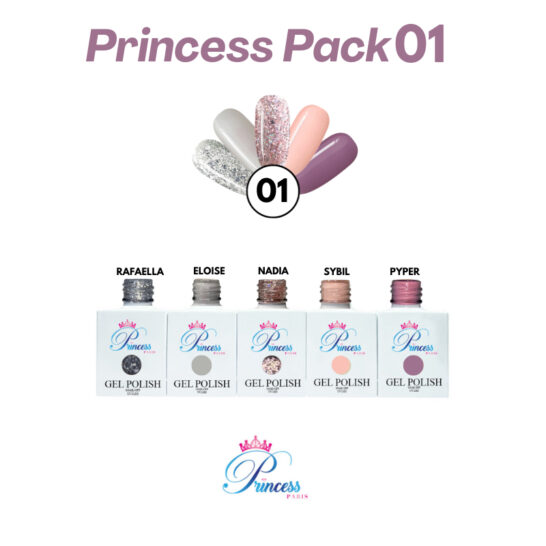 Kit vernis gel Princess Pack 01 avec couleurs variées.